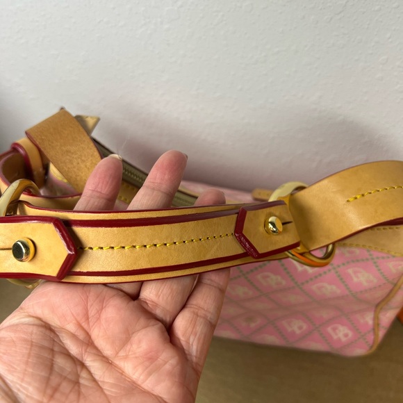 Dooney & Bourke Pink Monogram Canvas Handbag, Brown Leather Strap - Picture 4 of 7